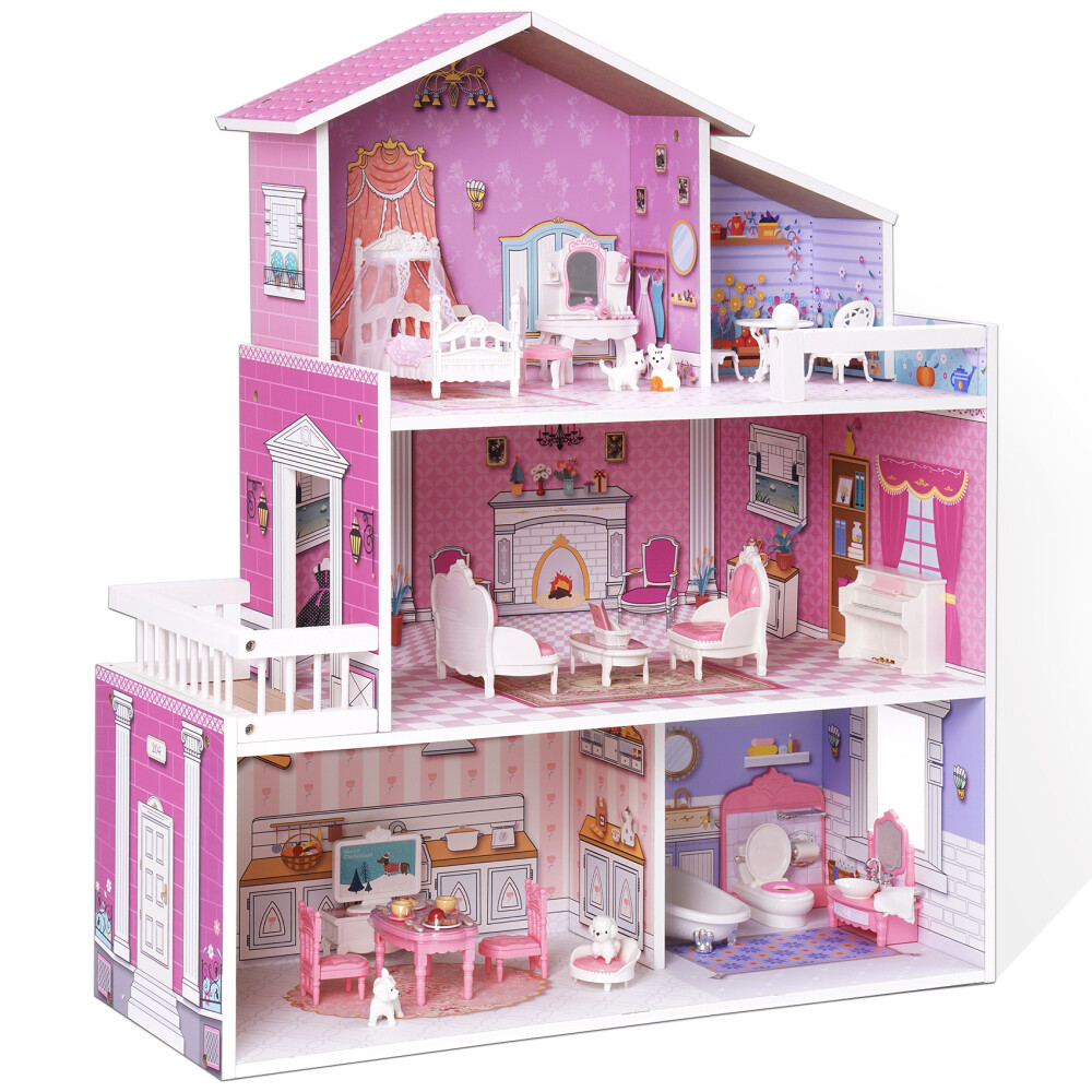 Wooden Dollhouse for Kids with 24pcs Furniture Preschool Dollhouse House Toy, Options: Lavender purple+Solid Wood