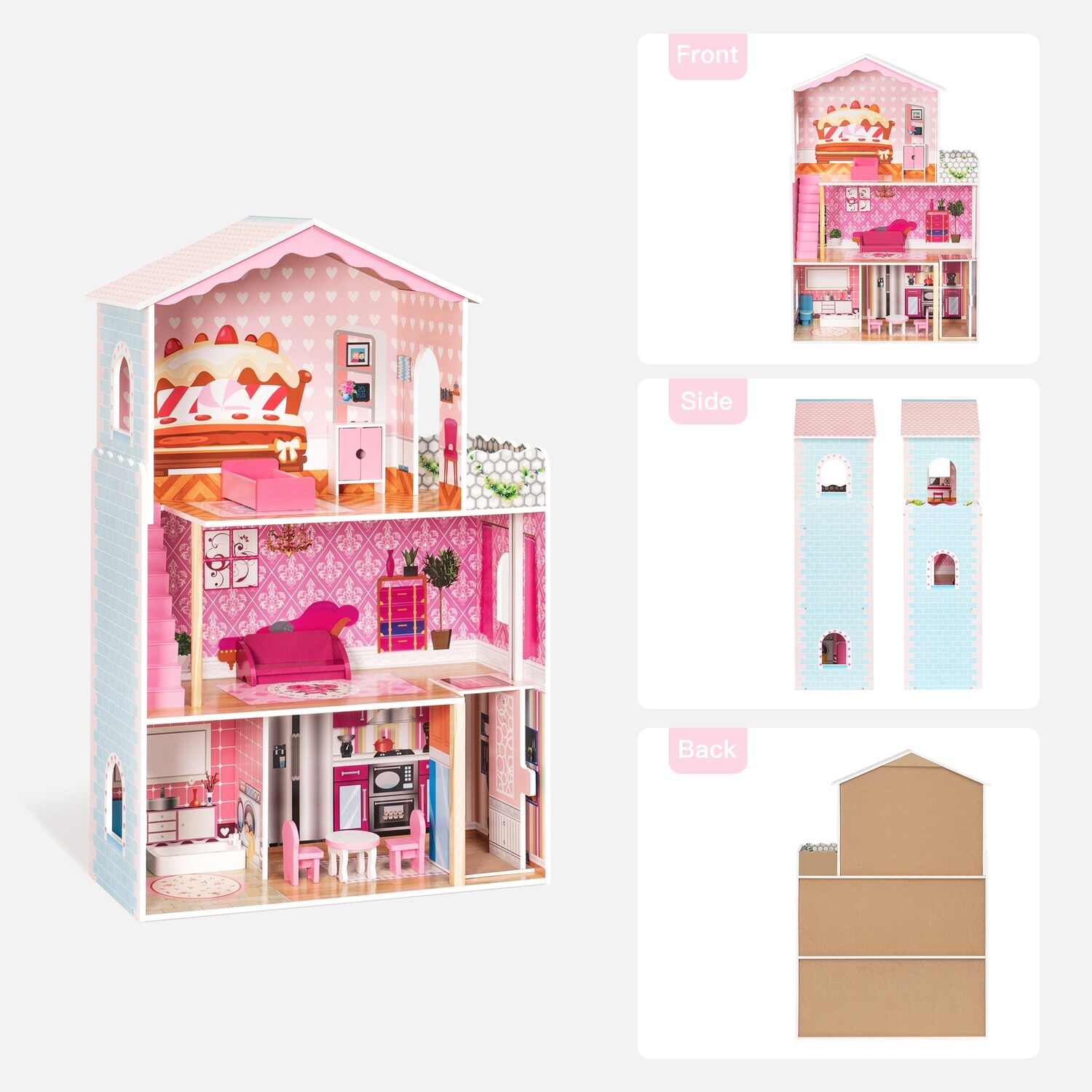Dreamy Wooden Dollhouse, Gift for kids, Options: Pink+Solid Wood
