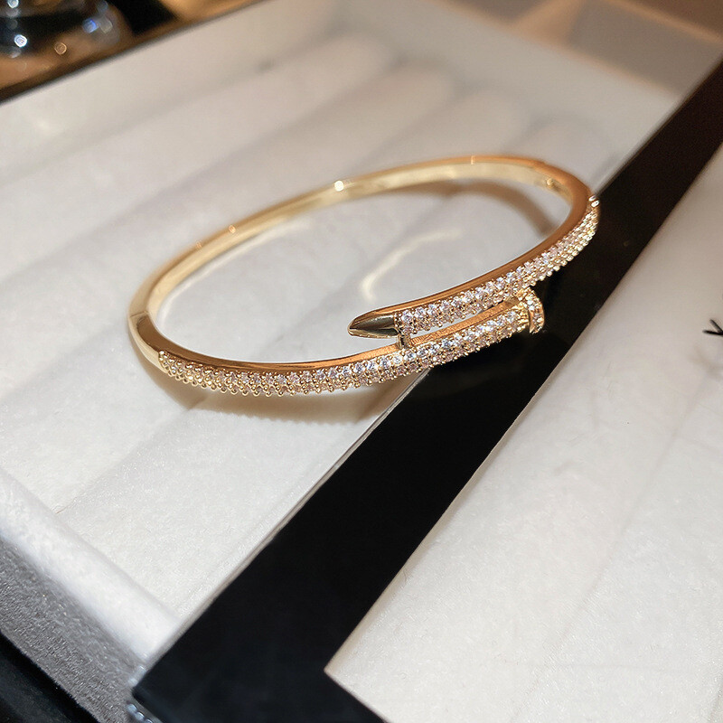 Gold or silver plate and  cz crossover stylish nail bracelet, Color: Bracelet-gold (real gold plating)