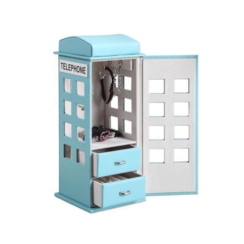 Phone booth -Tall Leather Jewelry Box, Telephone Design, Pastel Blue