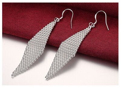 Silver weave long drop earrings