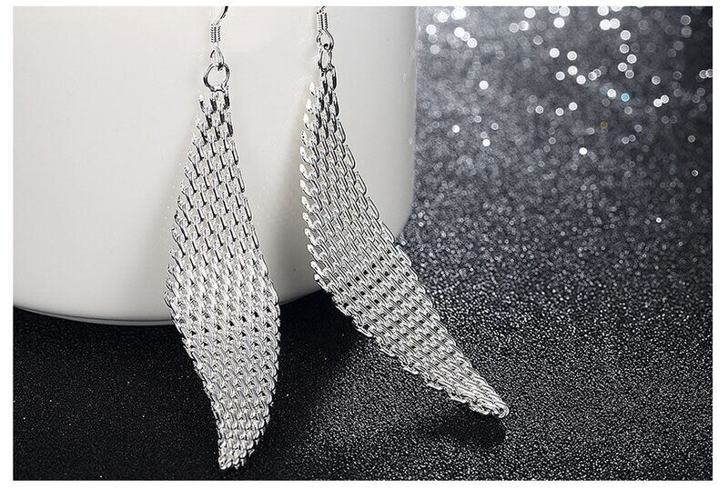Silver weave long drop earrings