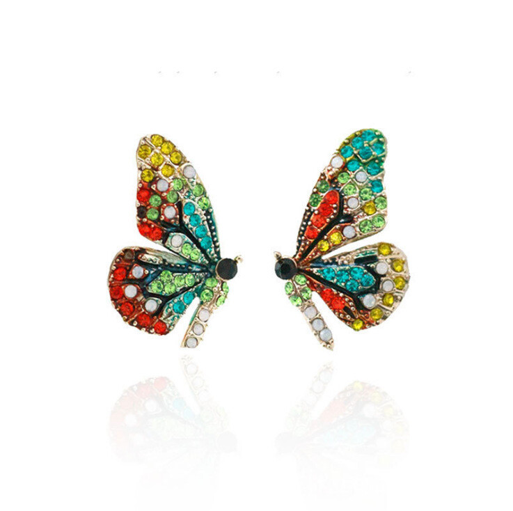 Butterfly Wings colorful Earrings Rhinestone 925 Fashion Stud Earrings, Color: Green