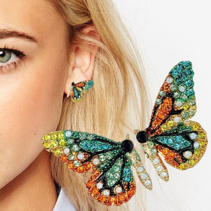 Butterfly Wings colorful Earrings Rhinestone 925 Fashion Stud Earrings
