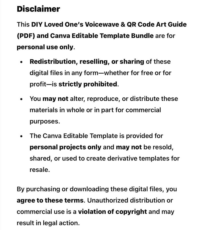 DIY Loved One’s Voicewave & QR Code Art – Complete Bundle (PDF + Editable Canva Template!)