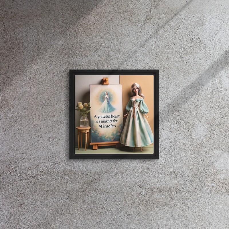 Framed Canvas Art - 'A Grateful Heart' with Bitsy Bling Mini Scene by SusanMarie Creative Provenance: SusanMarie's mural-to-miniatures artist story with QR code to archival mural video
