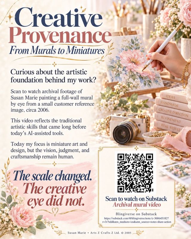 Creative Provenance: SusanMarie's mural-to-miniatures artist story with QR code to archival mural video
