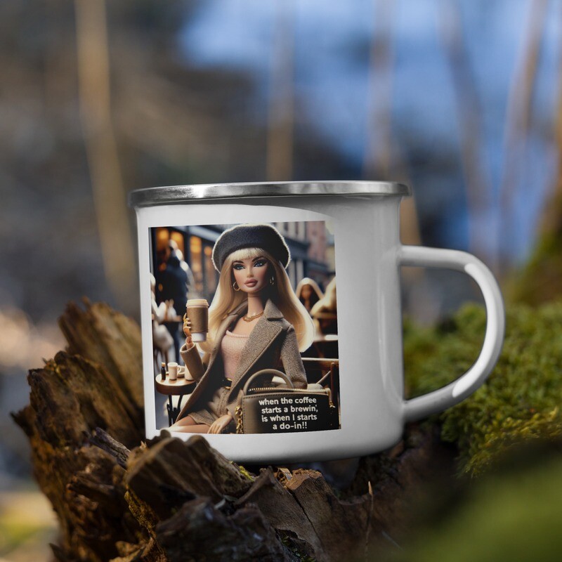 WHEN THE COFFEE STARTS A BREWIN -Bitsy Bling Art Mini- Enamel Mug WHEN THE COFFEE STARTS A BREWIN -Bitsy Bling Art Mini- Enamel Mug