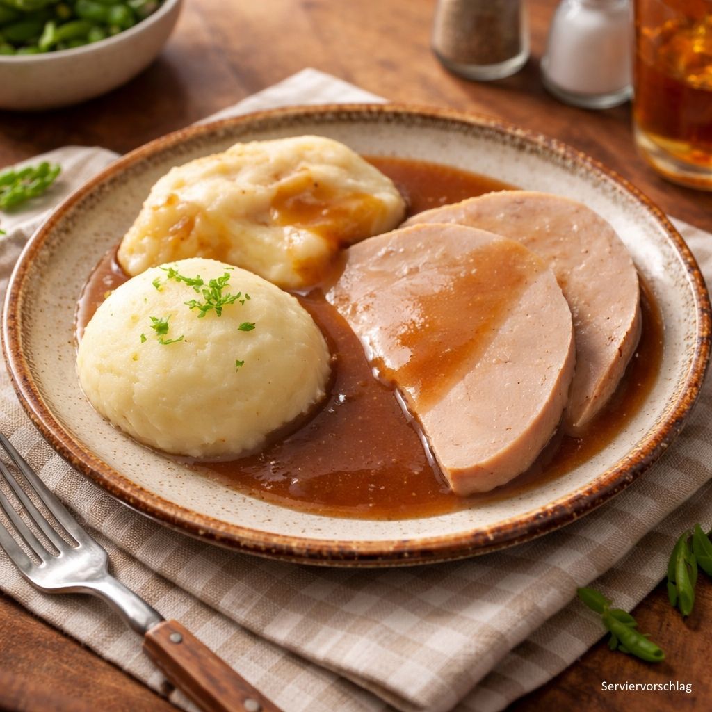 Rinderbraten mit Blumenkohl und Kartoffeln in kräftiger Bratensauce Rinderbraten mit Blumenkohl und Kartoffeln in kräftiger Bratensauce