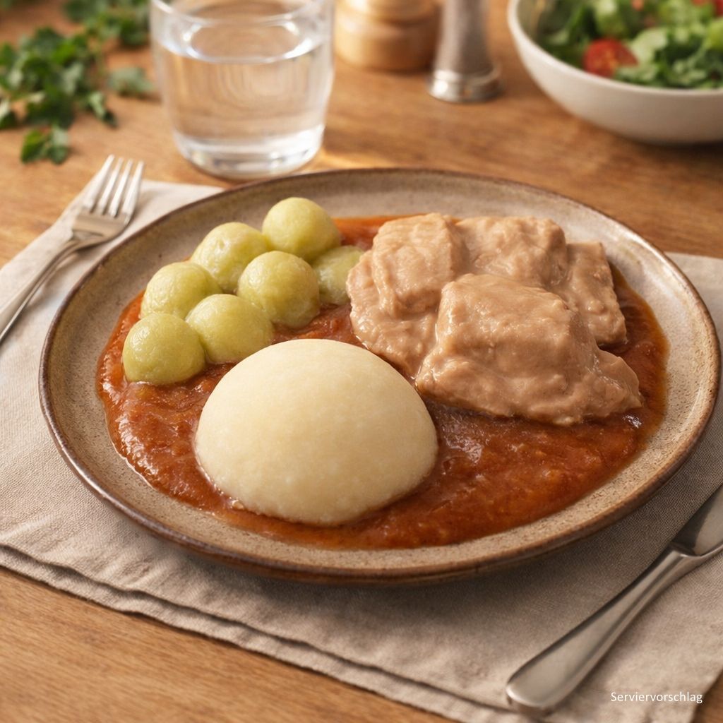 Rindergulasch mit Rosenkohl und Nudeln in herzhafter Bratensauce Rindergulasch mit Rosenkohl und Nudeln in herzhafter Bratensauce
