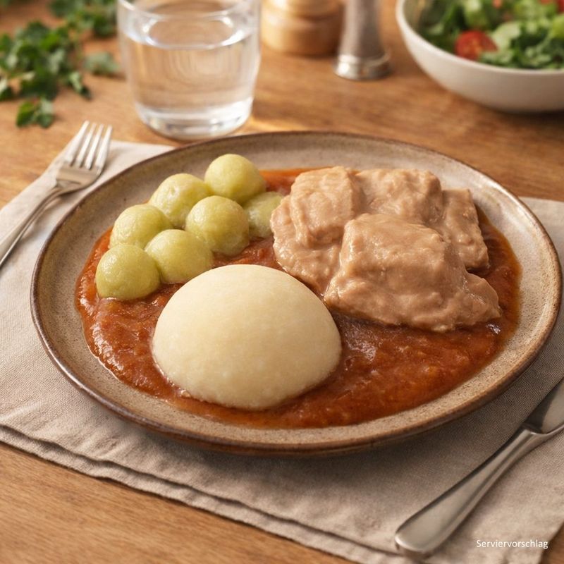 Rindergulasch mit Rosenkohl und Nudeln in herzhafter Bratensauce