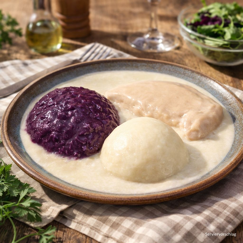 Hähnchenbrust mit Rotkohl und Nudeln in heller Geflügelsauce