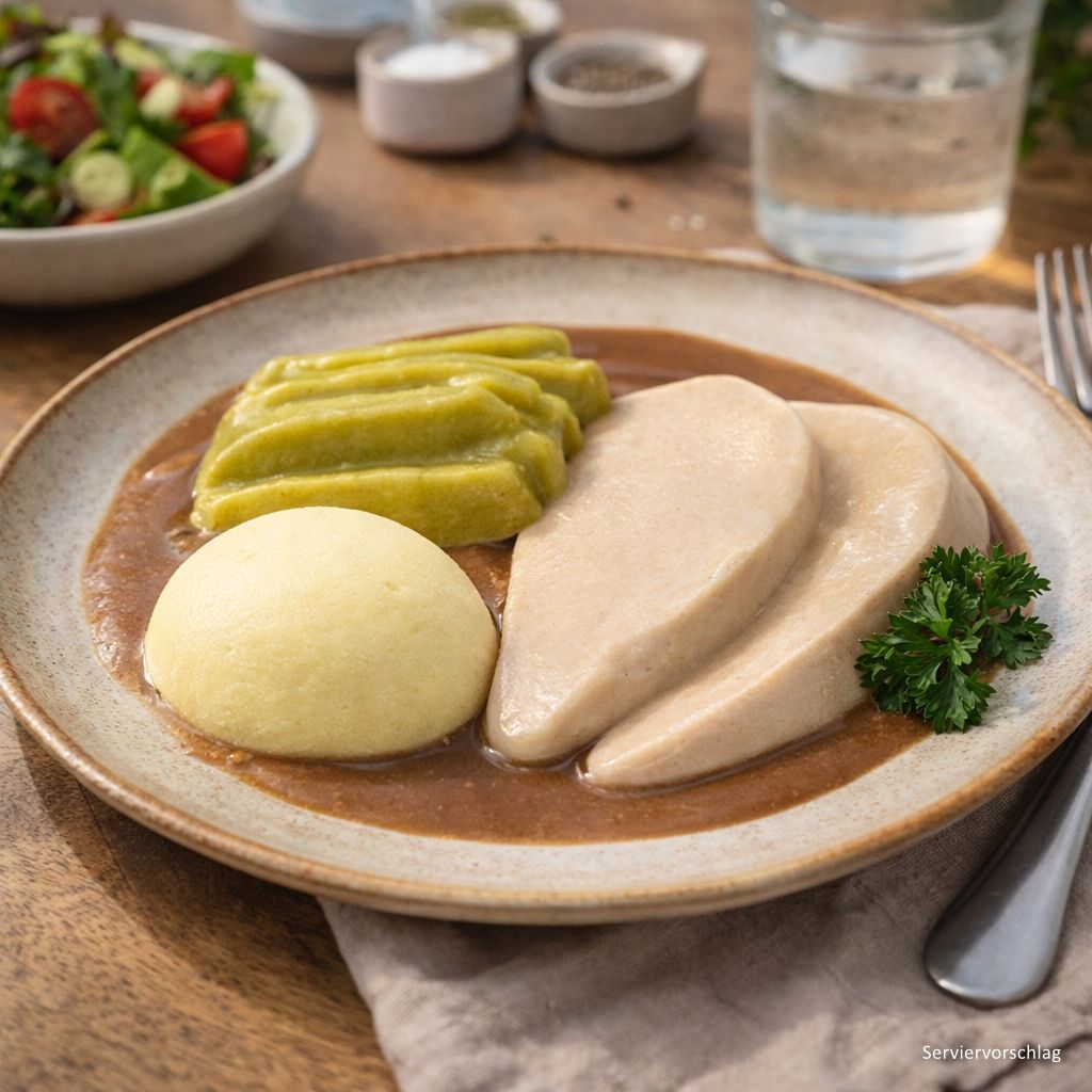 Schweinesteak mit Bohnen und Kartoffeln in Champignon-Rahmbratensauce Schweinesteak mit Bohnen und Kartoffeln in Champignon-Rahmbratensauce