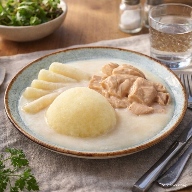 Kalbsgulasch mit Schwarzwurzeln und Kartoffeln in cremiger Rahmsauce