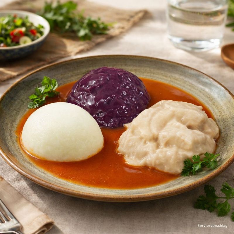 Schweinegulasch mit Rotkohl und Basmati-Reis in Bratensauce mit Tomate