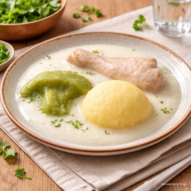 Brathähnchen mit Brokkoli und Curry-Reis in heller Geflügelsauce