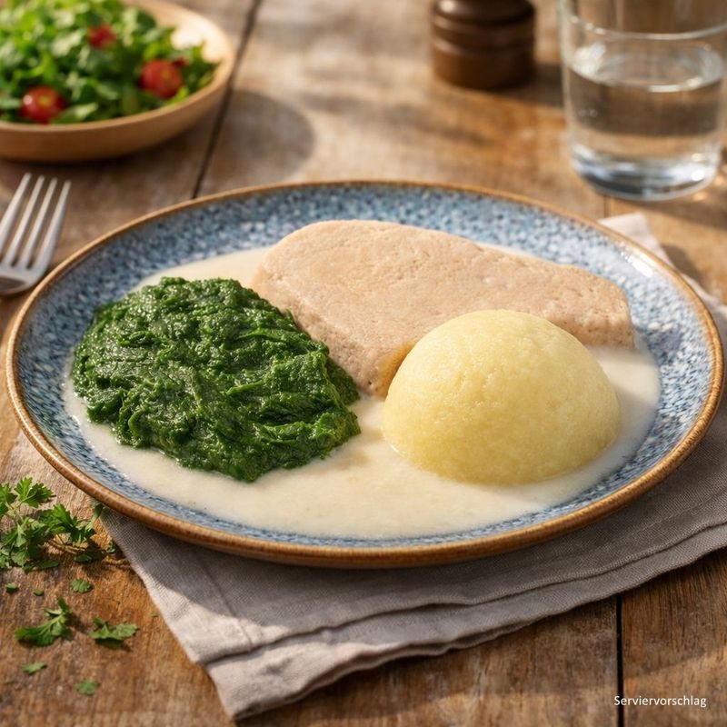 Lachs mit Spinat und Kartoffeln in feiner Fischsauce