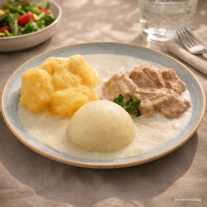 Lammgulasch mit Steckrübe und Nudeln in cremiger Rahmsauce