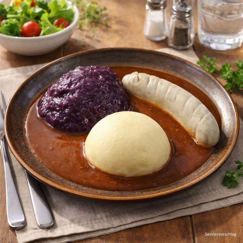Rinderwurst mit Rotkohl und Kartoffeln in herzhafter Bratensauce