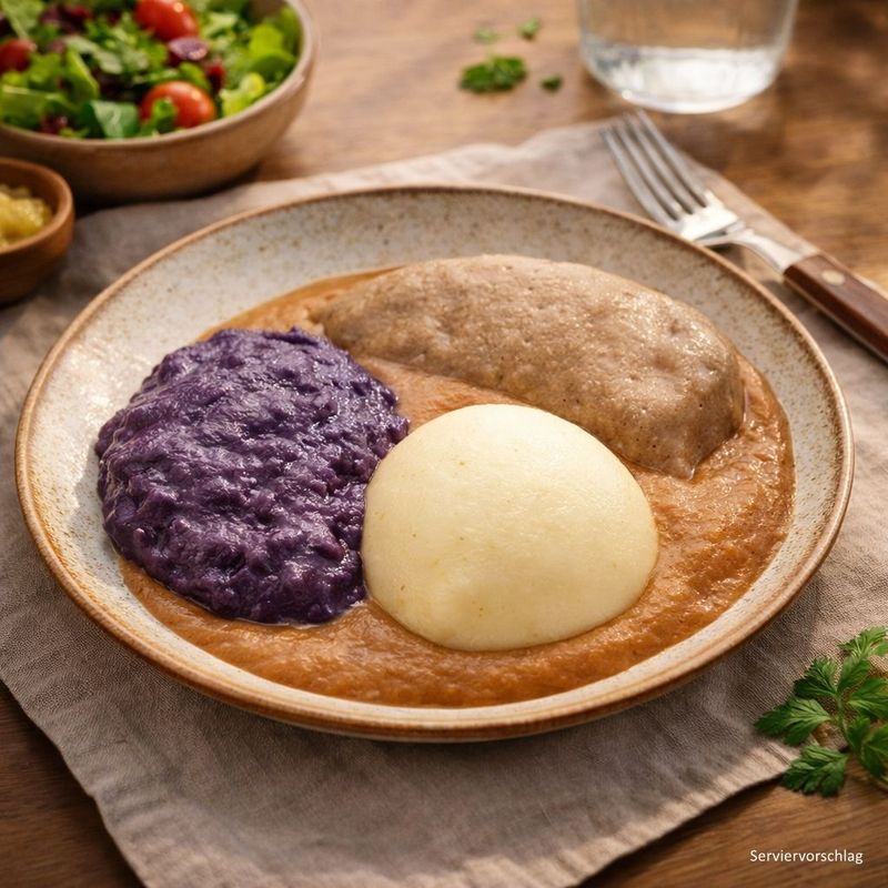 Berglinsen mit Rotkohl und Kartoffeln in heller Sauce