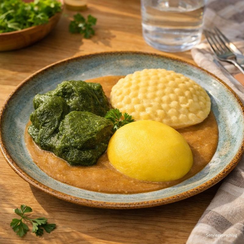 Rote Linsen Ragout mit Spinat und Curry-Reis in heller Sauce