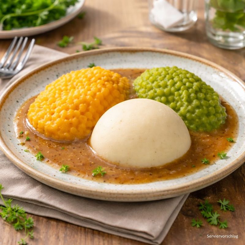 Karotten-Couscous mit Erbsen und Kartoffeln in heller Sauce