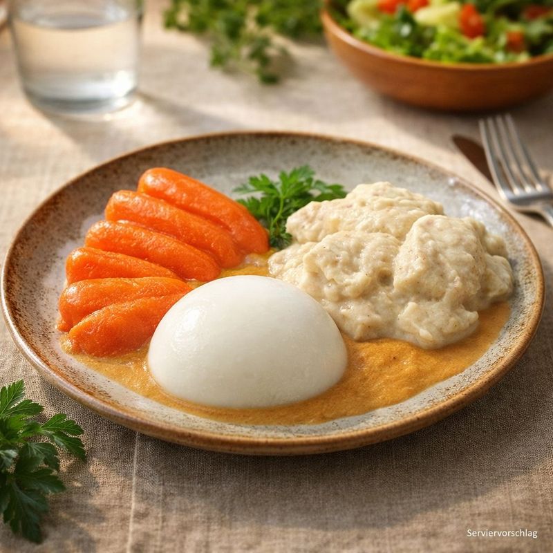 Dinkel-Blumenkohl-Curry mit Karotten und Reis in heller Sauce