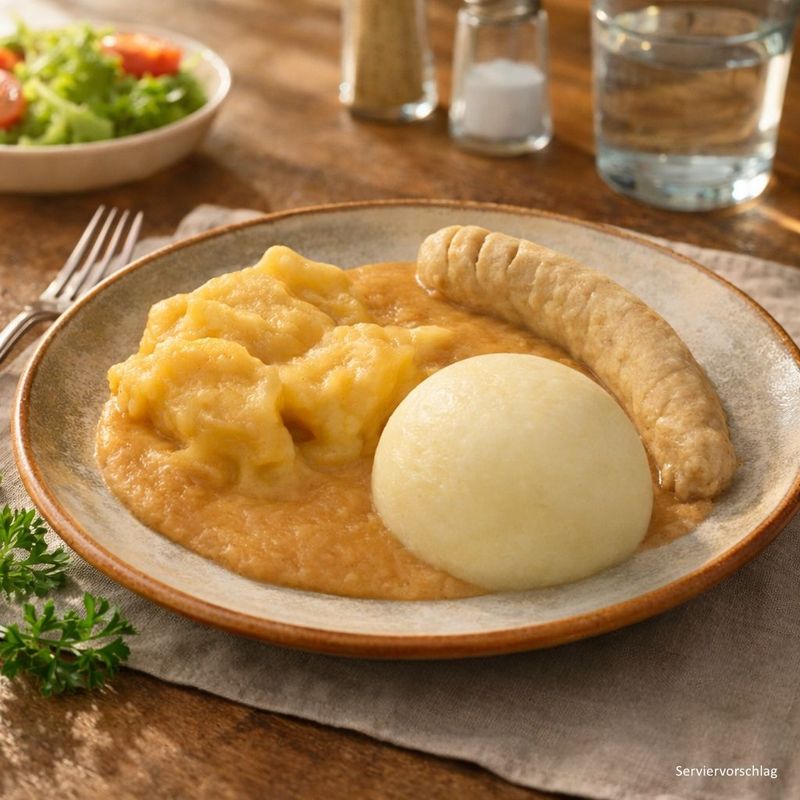 Ratatouille-Hirse-Bogen mit Steckrübe und Kartoffeln in heller Sauce