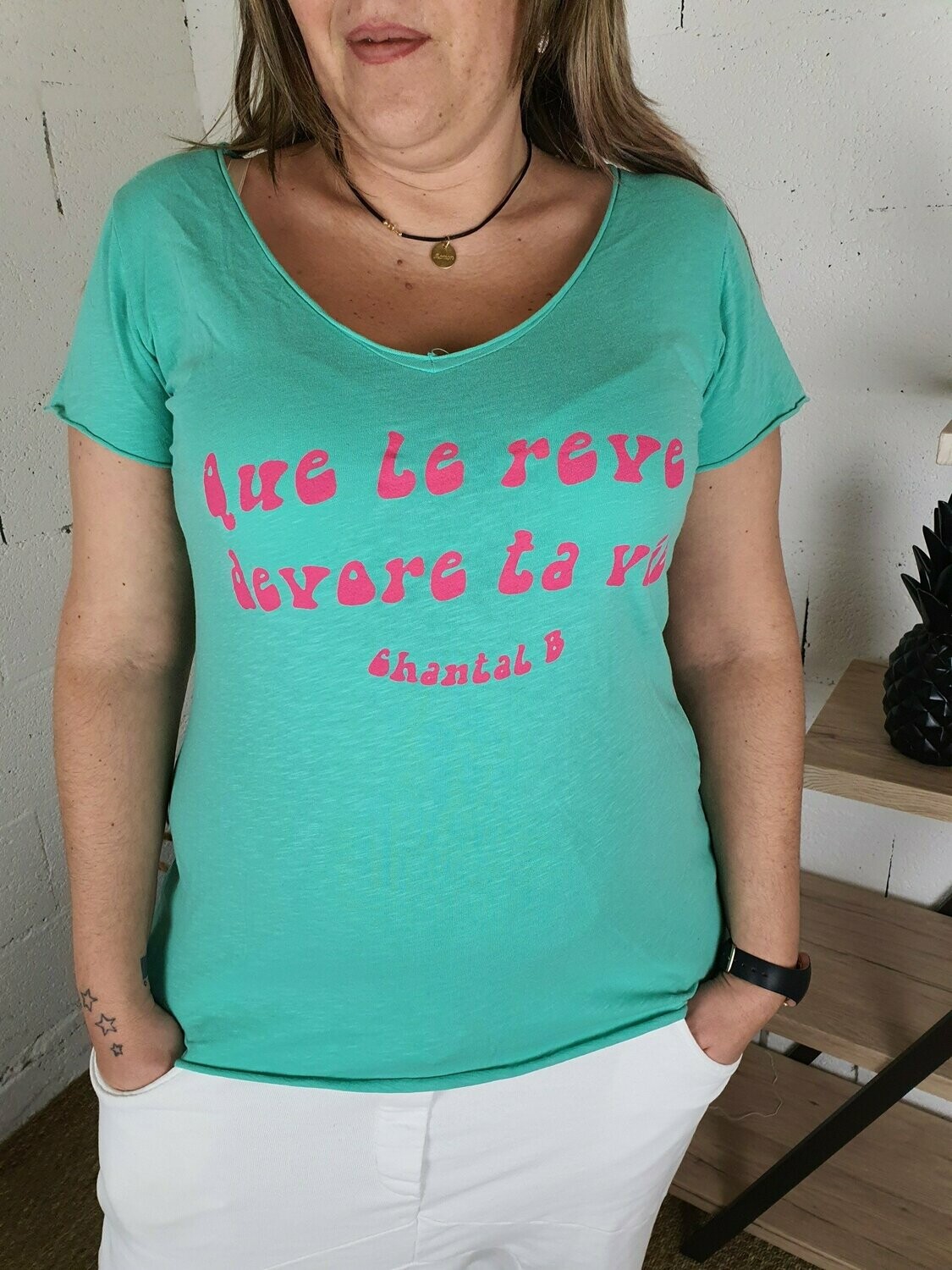 T-Shirt Femme "rêve Dévorant "-Rose et Vert- Chantal B