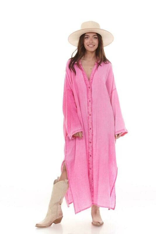 Robe Chemise longue Oversize en Voile de Coton -Rose Fuchsia