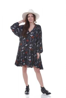 Robe Bohème Courte à Imprimé Fleuri sur Fond Noir, TAILLE: S/M ( 36 AU 40)