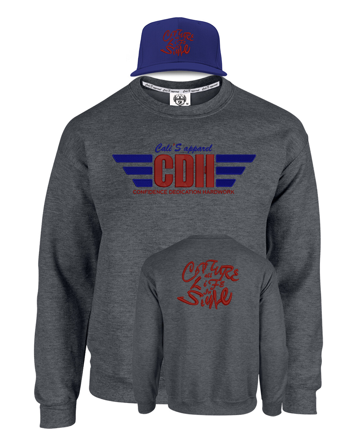 Grey Cali's apparel CDH Confidence/Dedication/Hardwork Wings Badge of Honor Unisex Crewneck Sweatshirt & Snapback Package Deal
