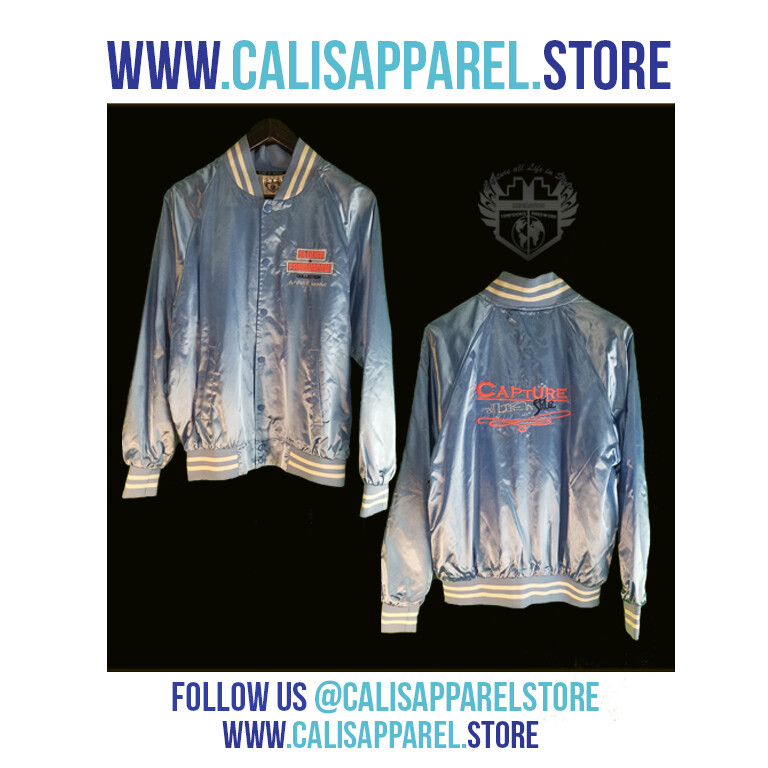 STYLISH & FASHIONABLE Unisex Baby Blue / White Striped Trim Satin Baseball Jacket STYLISH & FASHIONABLE Unisex Baby Blue / White Striped Trim Satin Baseball Jacket