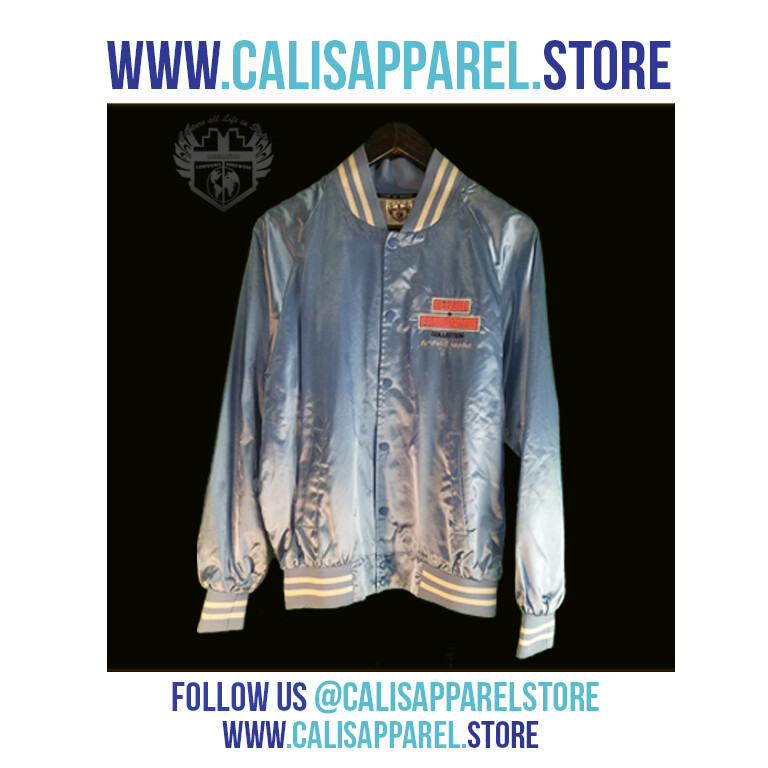 STYLISH & FASHIONABLE Unisex Baby Blue / White Striped Trim Satin Baseball Jacket STYLISH & FASHIONABLE Unisex Baby Blue / White Striped Trim Satin Baseball Jacket