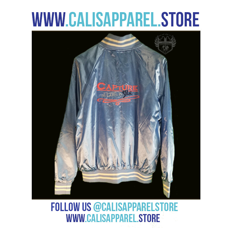 STYLISH & FASHIONABLE Unisex Baby Blue / White Striped Trim Satin Baseball Jacket STYLISH & FASHIONABLE Unisex Baby Blue / White Striped Trim Satin Baseball Jacket