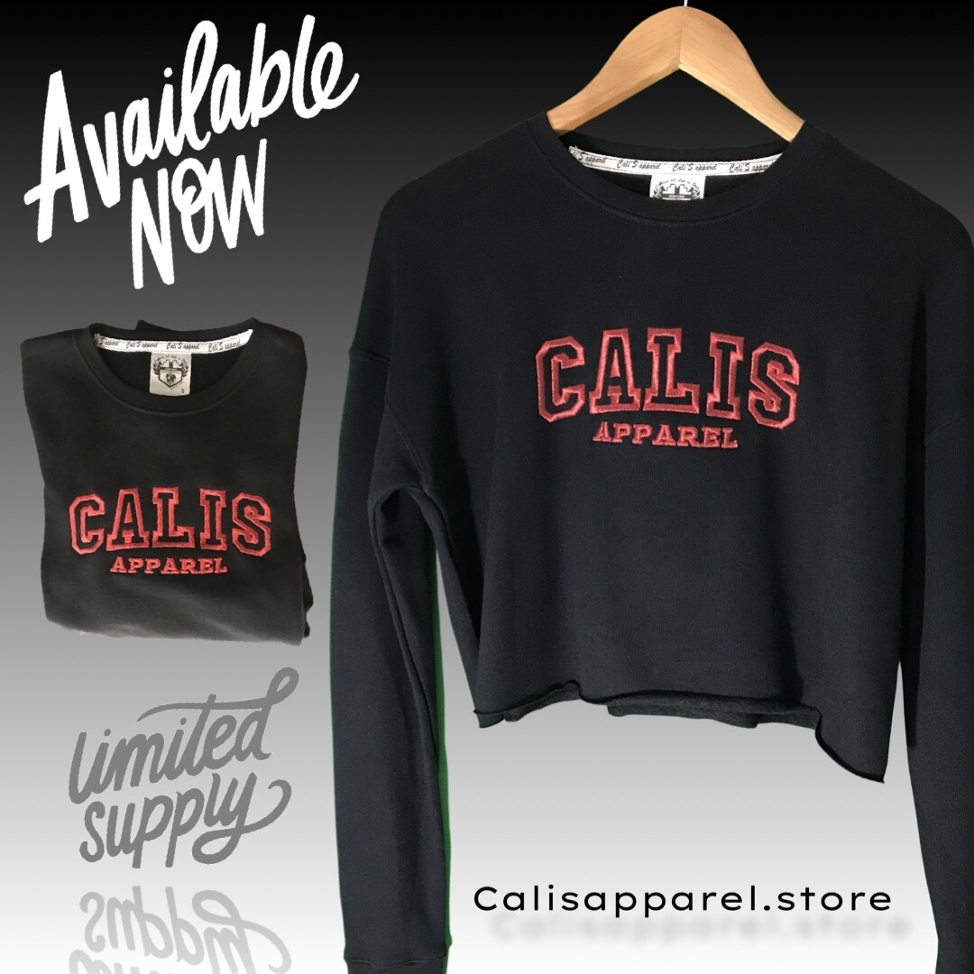 Cali's apparel Athletics  METALLIC RED THREADED Black Cropped Top Hoodie