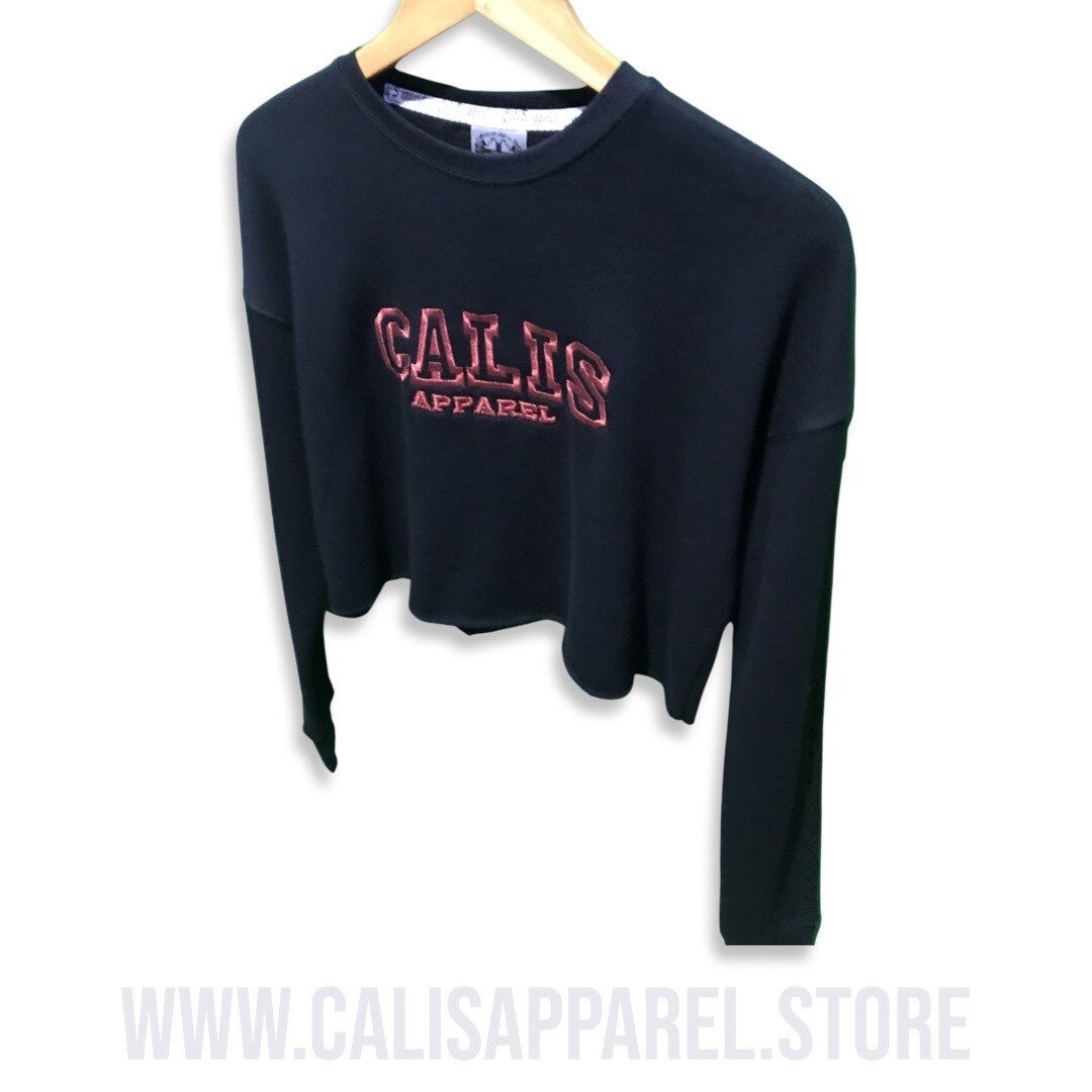 Cali's apparel Athletics  METALLIC RED THREADED Black Cropped Top Hoodie