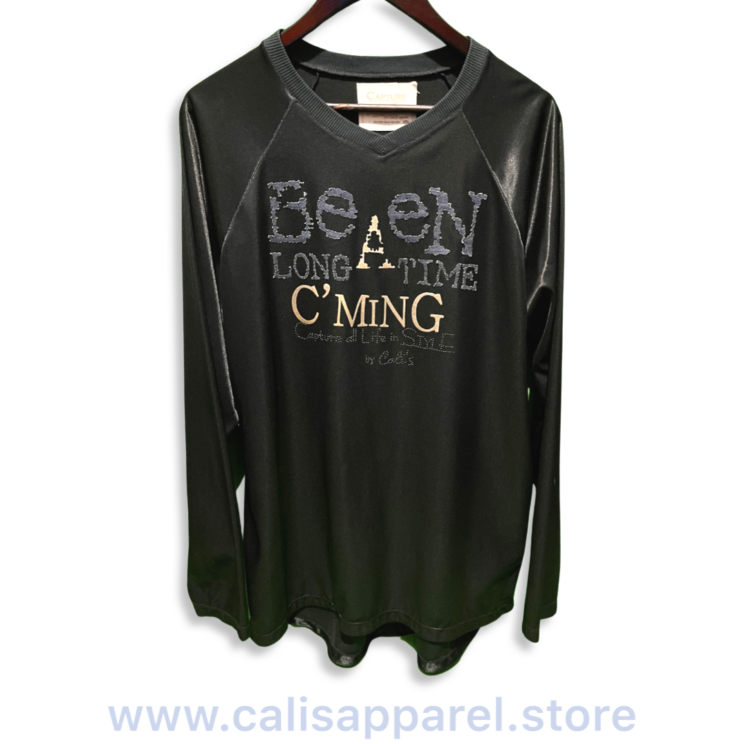 Cali’s apparel Black Satin Cut &amp; Sew Been A Long Time C'min Goalie Vneck