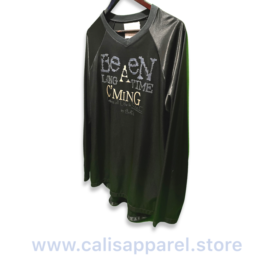 Cali’s apparel Black Satin Cut &amp; Sew Been A Long Time C'min Goalie Vneck