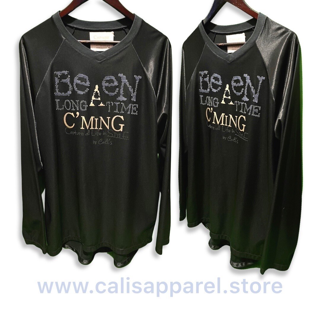 Cali’s apparel Black Satin Cut &amp; Sew Been A Long Time C'min Goalie Vneck