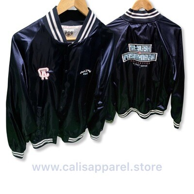 STYLISH &amp; FASHIONABLE Unisex Navy / White Striped Trim Satin Baseball Jacket