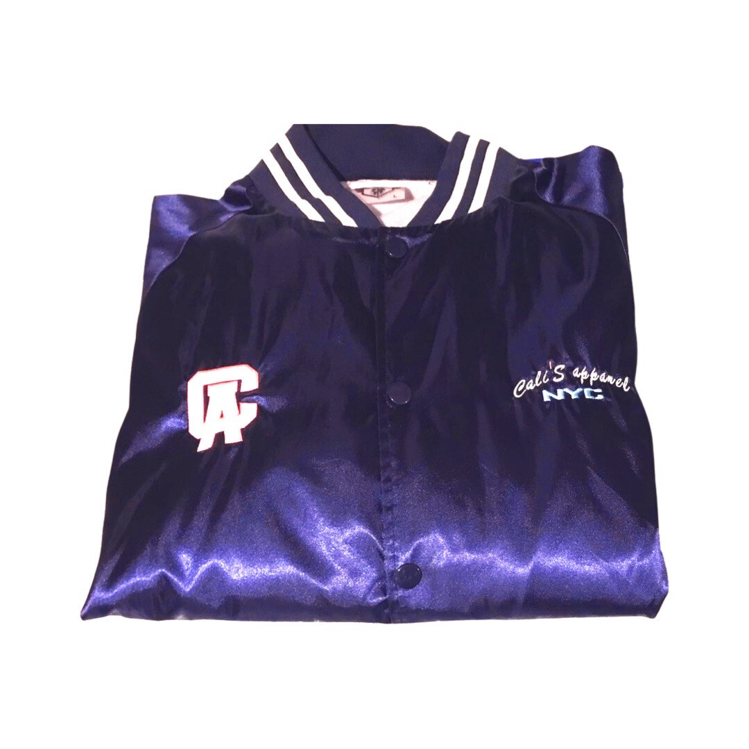 STYLISH &amp; FASHIONABLE Unisex Navy / White Striped Trim Satin Baseball Jacket