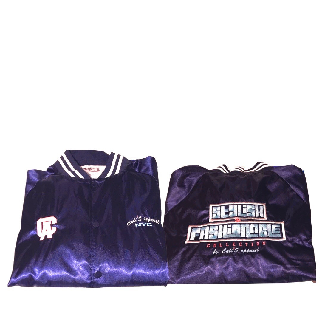 STYLISH &amp; FASHIONABLE Unisex Navy / White Striped Trim Satin Baseball Jacket