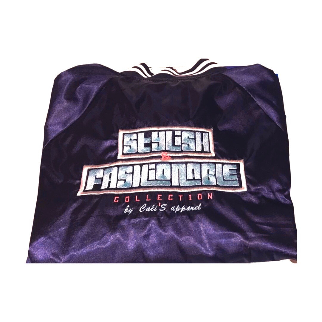 STYLISH &amp; FASHIONABLE Unisex Navy / White Striped Trim Satin Baseball Jacket