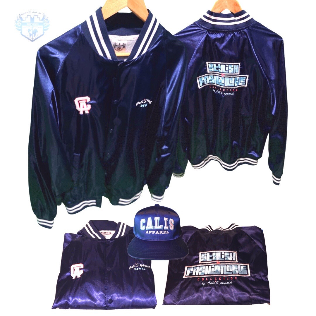 STYLISH &amp; FASHIONABLE Unisex Navy / White Striped Trim Satin Baseball Jacket