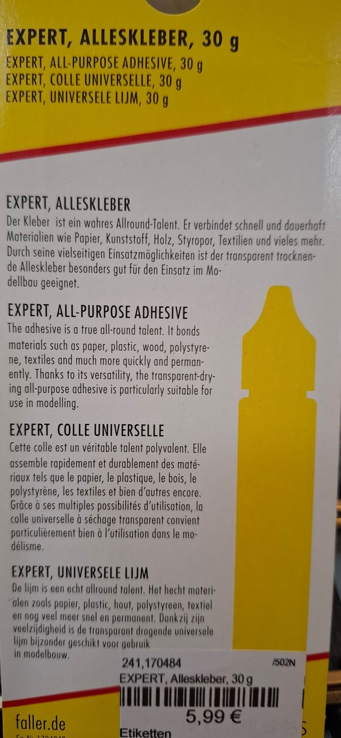 Faller Alleskleber 30g-Fläschchen für Lasercut u.a. Faller Alleskleber 30g-Fläschchen für Lasercut u.a.