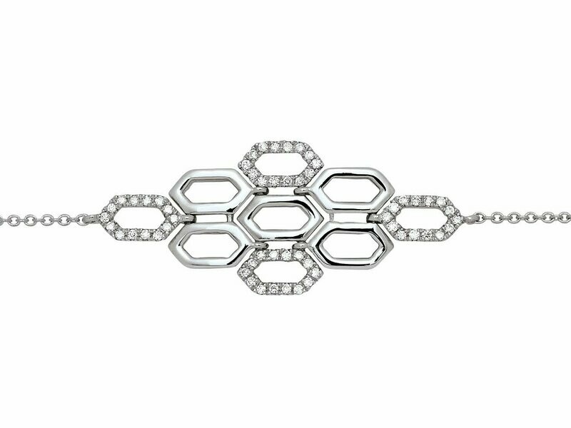Bracelet chaîne Nid d'abeille, diamants 0,12ct, Or gris