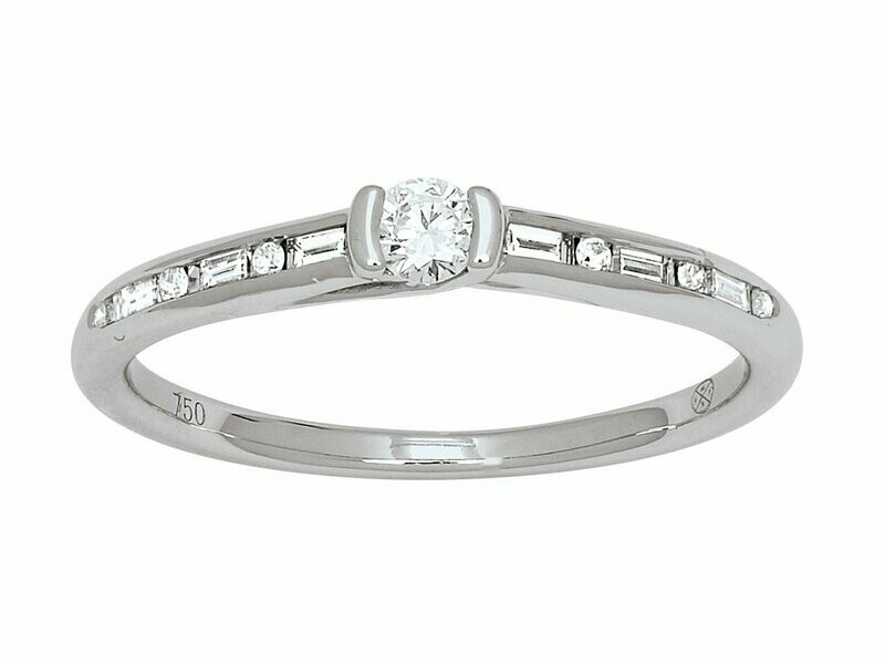 Bague Solitaire accompagné diamant centre, Or gris