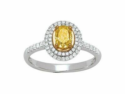 Bague Solitaire en Or gris, diamant jaune ovale & diamants