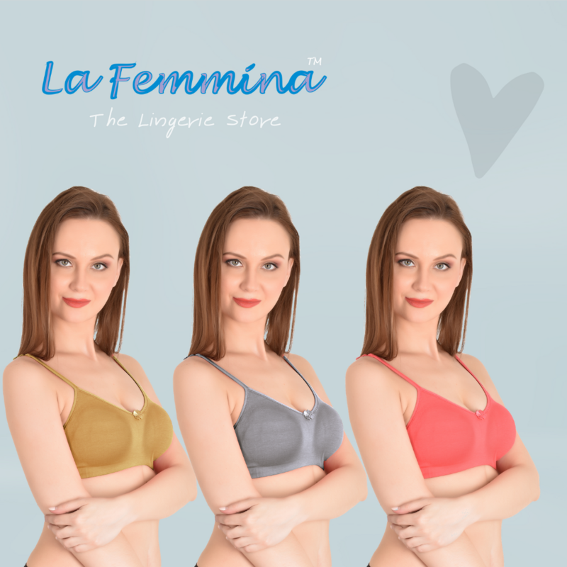 La Femmina Women&#39;s Cotton Soft Cup Non-padded wire-free Bra - (Pack of 3)(Ruby, Skin, Nude)